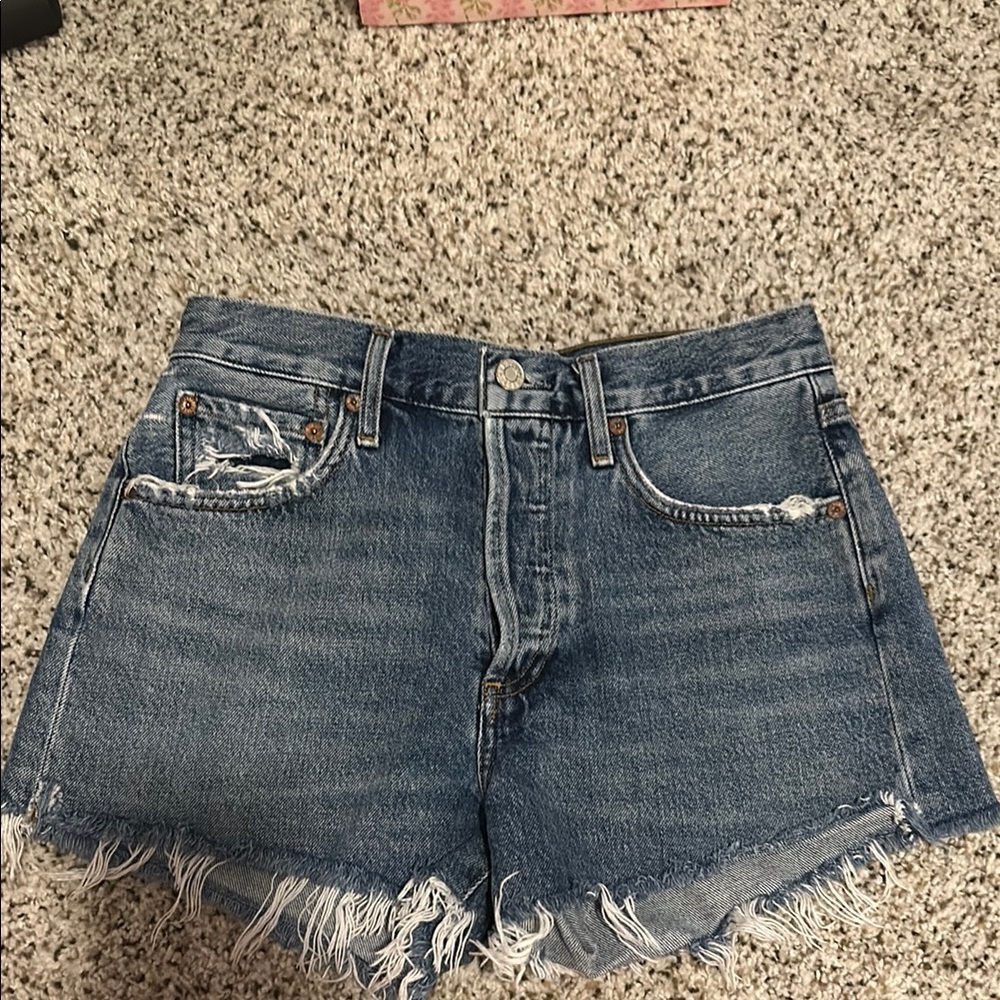 Agolde Blue High-Waisted Jean Shorts Frayed Hem